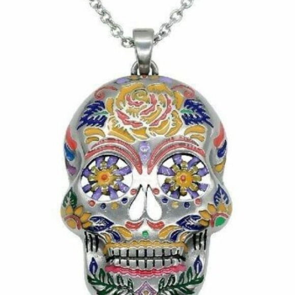 Blue Floral Sugar Skull Necklace w/Swarovski Crystals Length: 28" by Controse - Picture 1 of 4